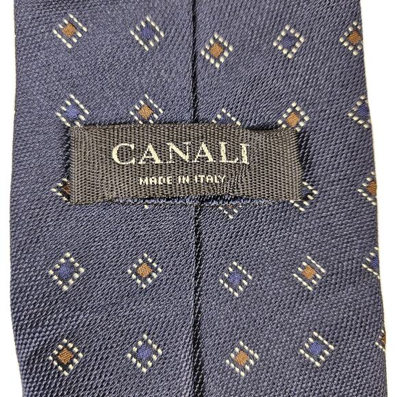 CANALI Men 100% Silk Necktie Luxury Navy Blue Geometric Diamond Italian Designer - Picture 6 of 10
